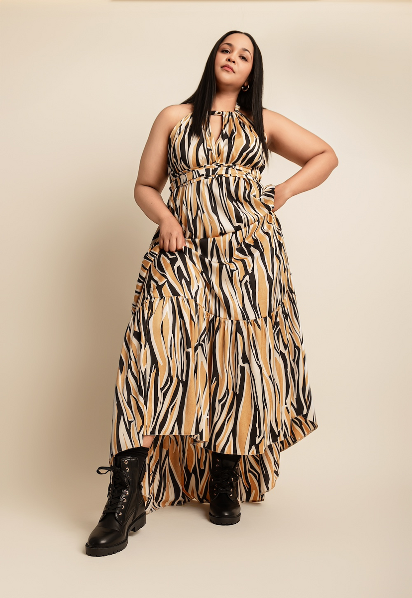 Fluidity De Chine Frill Dress in black/yellow strike for women