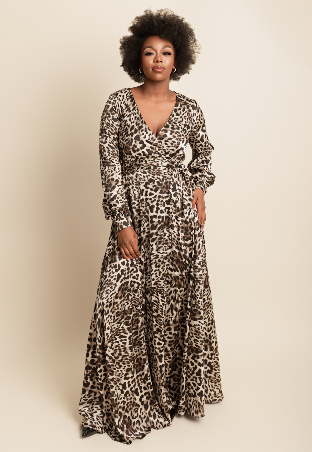 Fluidity Satin wrap dress in grey leopard for women